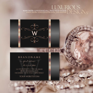 Black and Rose Gold Ornate Ornaments with Monogram Business Card