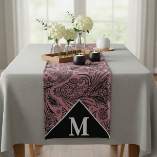 Black and rose gold paisley monogram short table runner