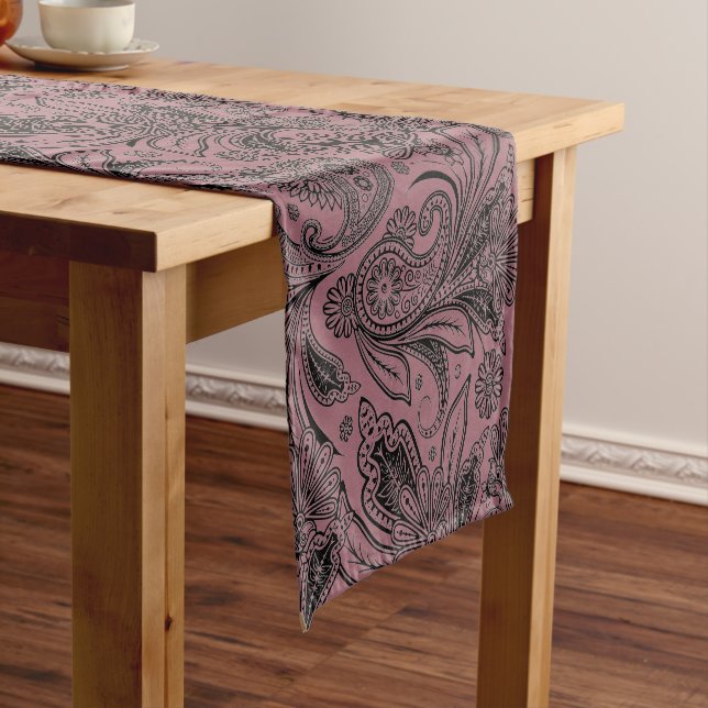 Black and rose gold paisley short table runner (In Situ)