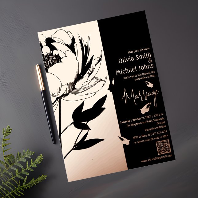 Black and Rose Gold Peony QR code Invitation (Creator Uploaded)