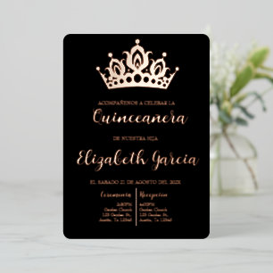 Black and rose gold quinceañera invite