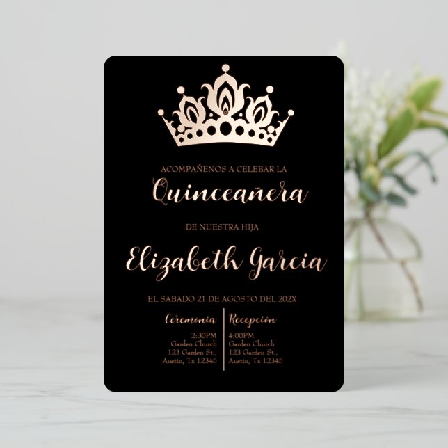 Black and rose gold quinceañera invite (Standing Front)