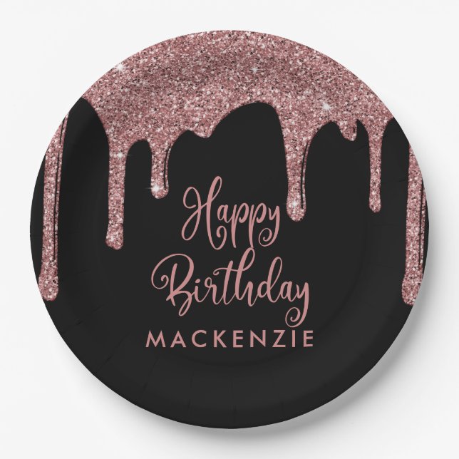 Black and Rose Gold Sparkle Glitter Drips Birthday Paper Plate (Front)