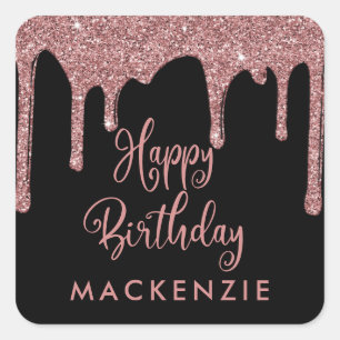 Black and Rose Gold Sparkle Glitter Drips Birthday Square Sticker