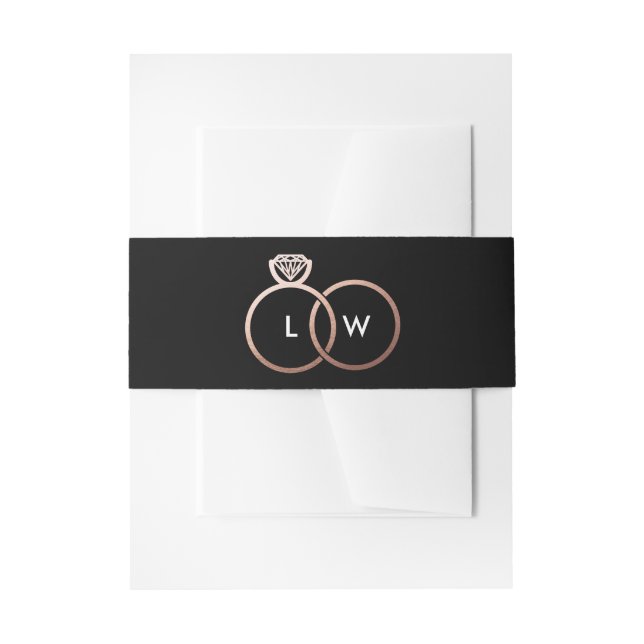 Black and Rose Gold Wedding Ring Monogram Invitation Belly Band (Front Example)