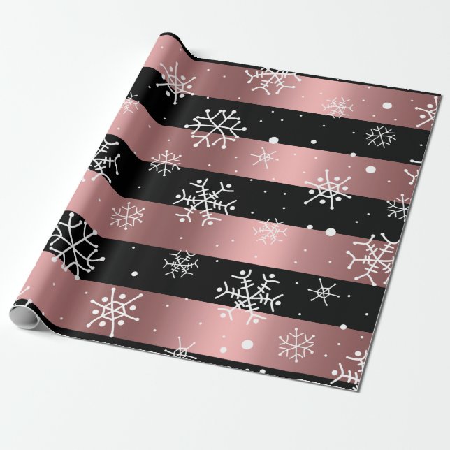 Black and Rose Gold with Snowflakes Wrapping Paper (Unrolled)