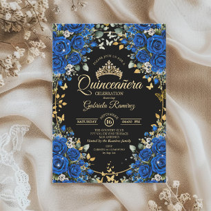 Black and Royal Blue Roses Golden Quinceañera Invitation