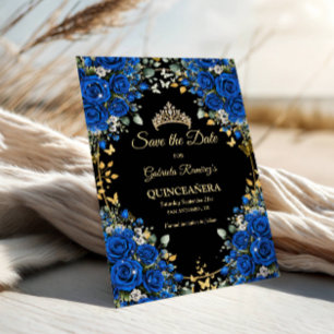 Black and Royal Blue Roses Golden Quinceañera Save The Date