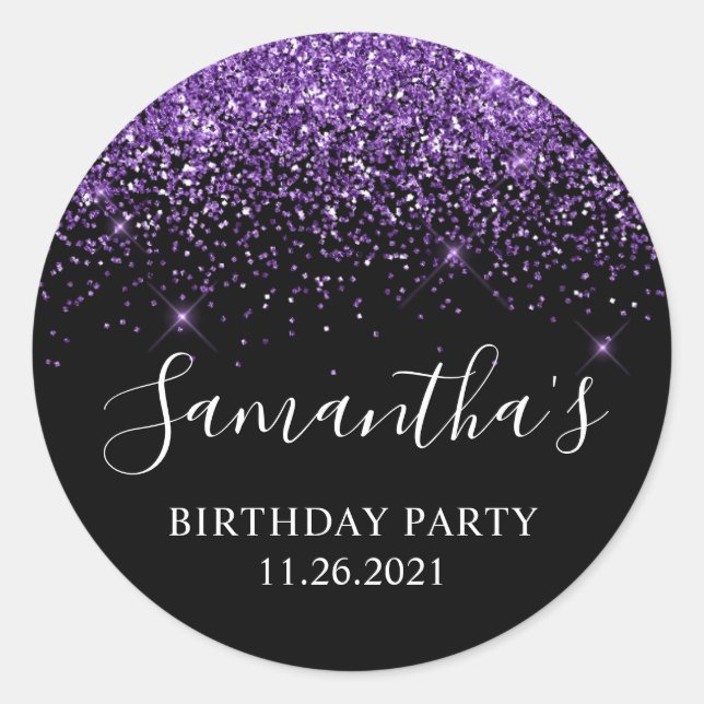 Black and Royal Purple Glitter Birthday Party Classic Round Sticker (Front)