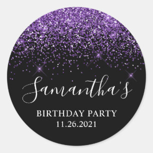 Black and Royal Purple Glitter Birthday Party Classic Round Sticker
