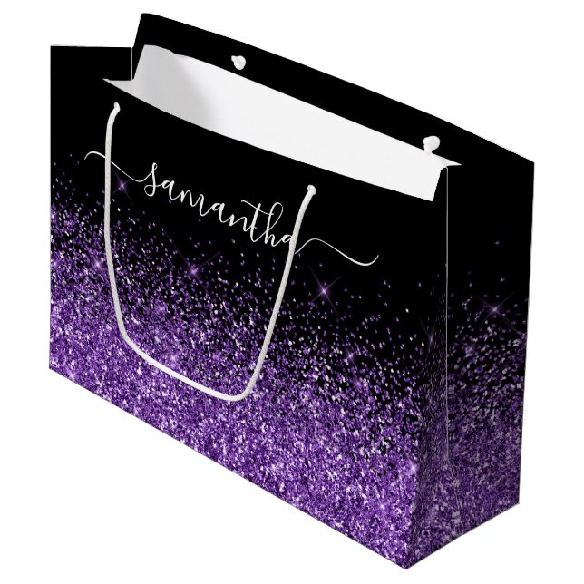 Black and Royal Purple Glitter Elegant Name Large Gift Bag (Front Angled)