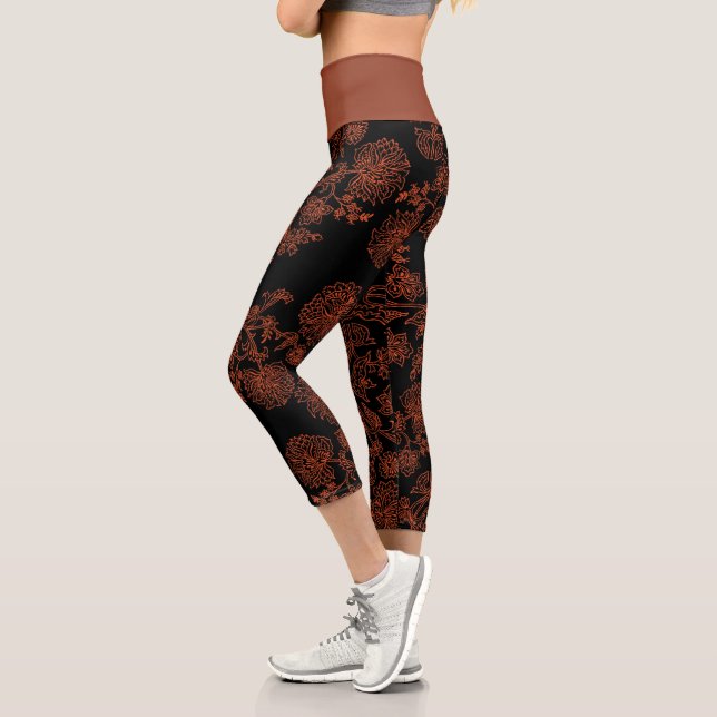 Black and Rust Floral Capri Yoga Leggings (Left)