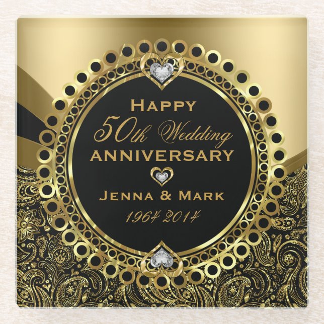 Black And Shiny Gold 50th Wedding Anniversary Glass Coaster (Front)