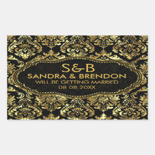 Black And Shiny Gold Floral Damasks Pattern Rectangular Sticker