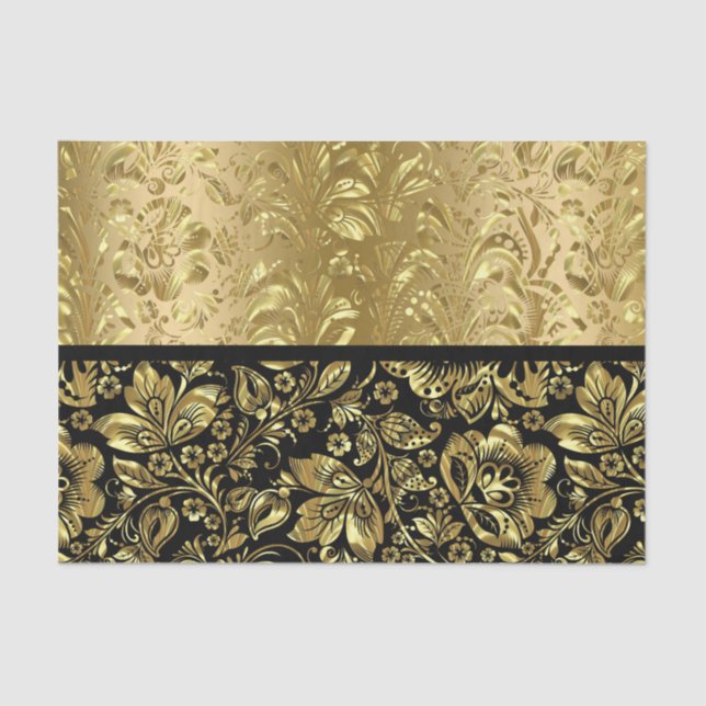 Black And Shiny Gold Floral Damasks Tissue Paper (Front)