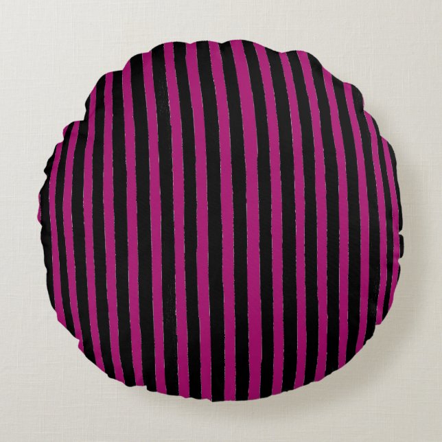 Black and Shocking Pink Stripes Pattern Round Cushion (Front)