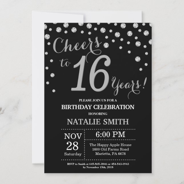 Black and Silver 16th Birthday Diamond Invitation (Front)