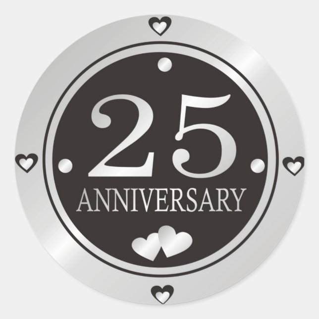 Black And Silver 25th Wedding Anniversary  Classic Round Sticker (Front)