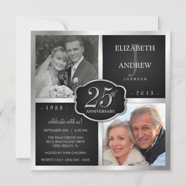 Black and Silver 25th Wedding Anniversary Invitation (Front)