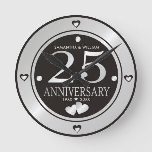 Black And Silver 25th Wedding Anniversary  Round Clock