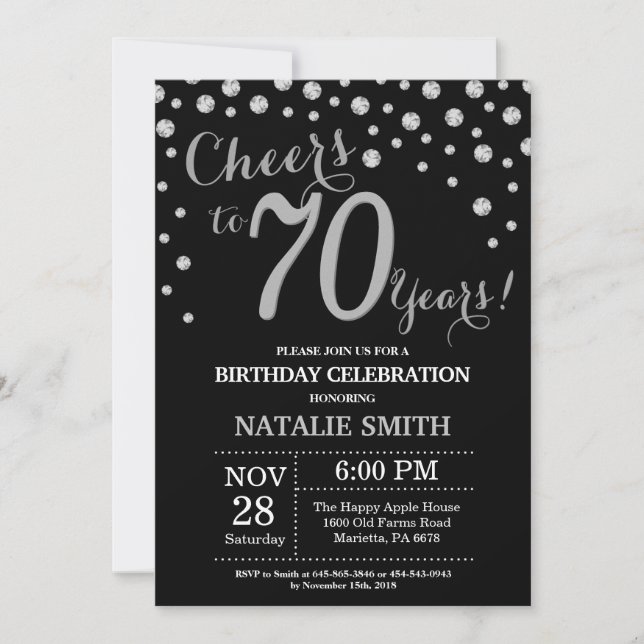 Black and Silver 70th Birthday Diamond Invitation (Front)
