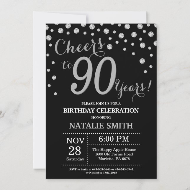 Black and Silver 90th Birthday Diamond Invitation (Front)