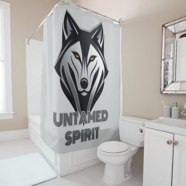 Black and Silver Alpha Wolf with Geometric Details Shower Curtain (In Situ)