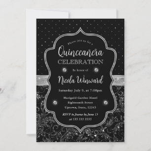 Black and Silver Art Deco Glitter Quinceanera Invitation