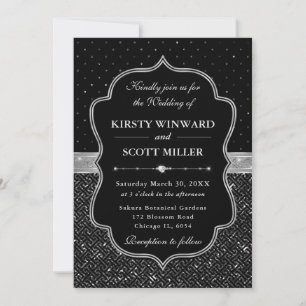 Black and Silver Art Deco Glitter Wedding Invitation