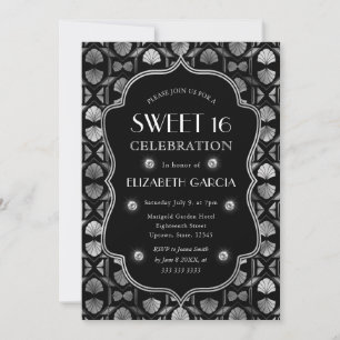 Black and Silver Art Deco Vintage Frame Sweet 16 Invitation