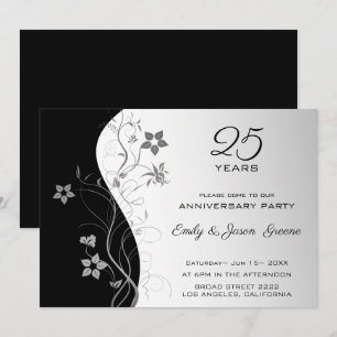 Black And Silver Background Grey Flowers Invitation