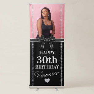 Black and Silver Bows and Diamonds Birthday Retractable Banner
