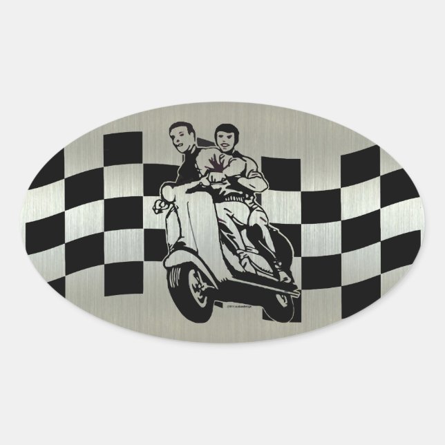 Black and silver check scooter riders oval sticker (Front)