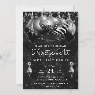 Black and Silver Christmas Baubles 21st Birthday Invitation
