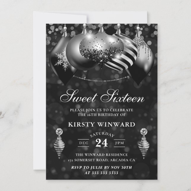 Black and Silver Christmas Baubles Sweet Sixteen Invitation (Front)