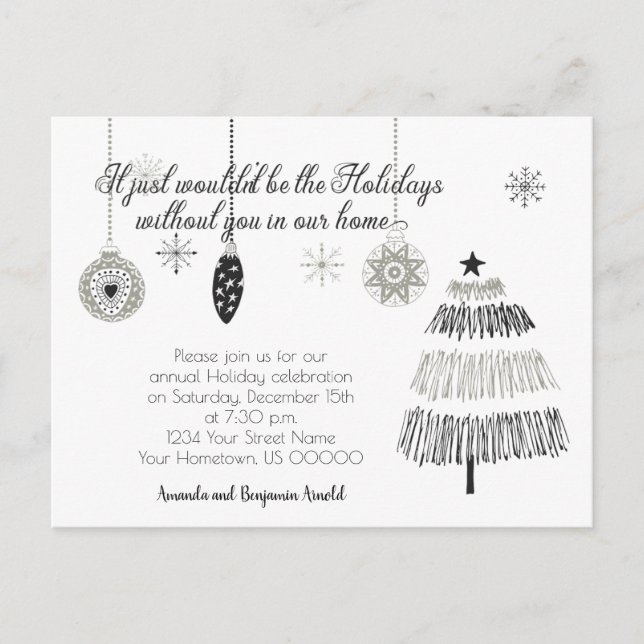 Black and Silver Christmas Holiday Party Invite | Postcard (Front)