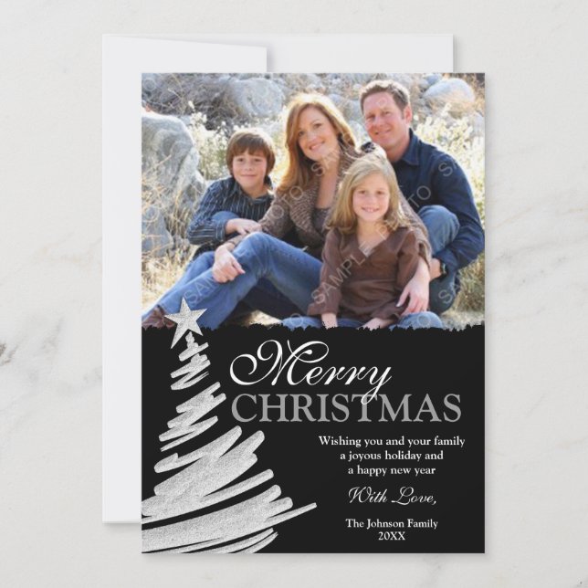Black and Silver Christmas Tree Holiday Photo Card (Front)