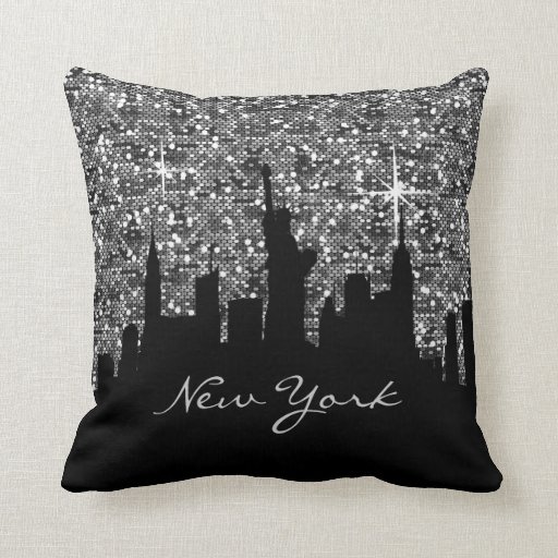 Image of Black and Silver Confetti Glitter New York Skyline Cushion
