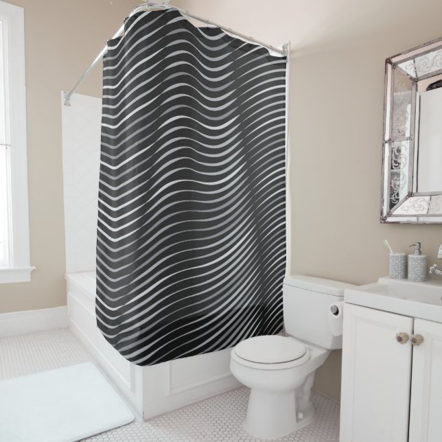 Black and Silver Contemporary Abstract Shower Curtain (In Situ)