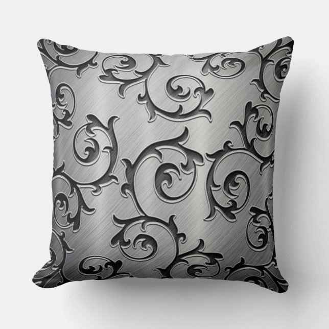 Black and Silver Curls Pattern Throw Pillow (Front)