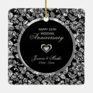 Black And Silver Damask 25th Anniversary Ceramic Ornament