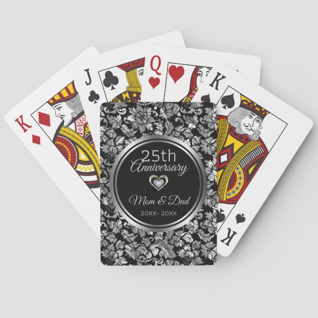 Black And Silver Damask 25th Anniversary Playing Cards (Back)