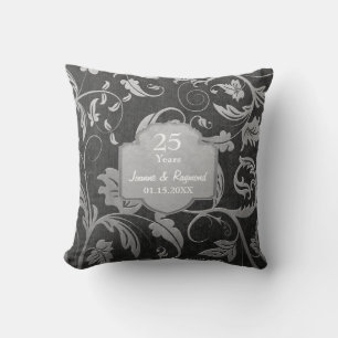 Black and Silver Damask 25th Wedding Anniversary Cushion
