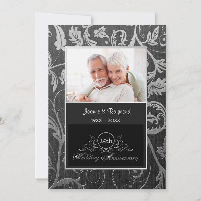 Black and Silver Damask 25th Wedding Anniversary Invitation (Front)