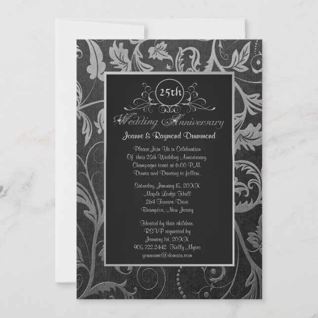 Black and Silver Damask 25th Wedding Anniversary Invitation (Front)