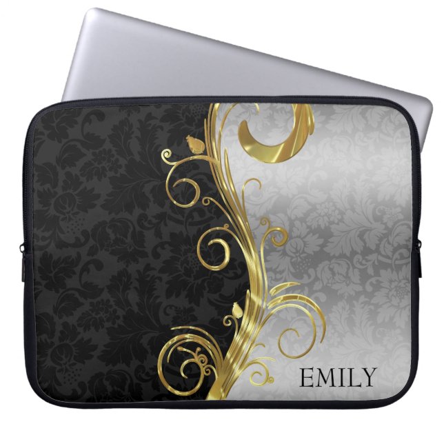 Black And Silver Damask And Swirls Laptop Sleeve (Front)