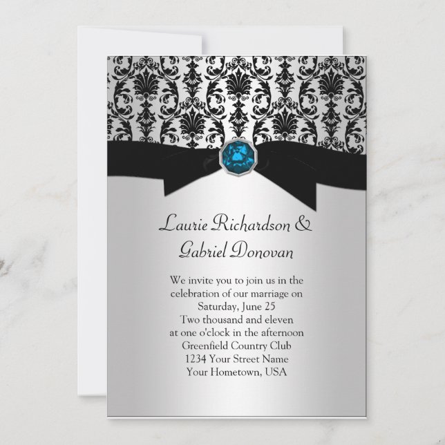 Black and Silver Damask Blue Jewel Wedding Invit Invitation (Front)