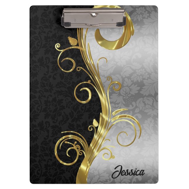 Black and Silver Damask Clipboard (Front)
