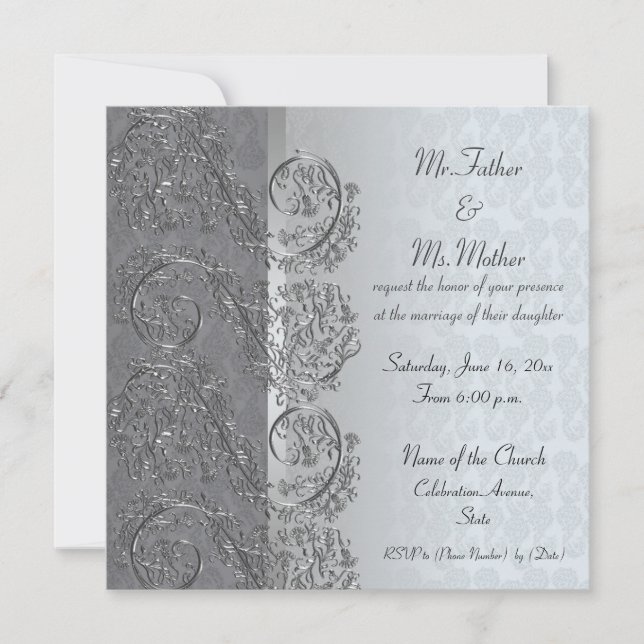 Black and silver damask frame wedding invitations (Front)