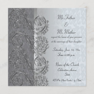 Black and silver damask frame wedding invitations